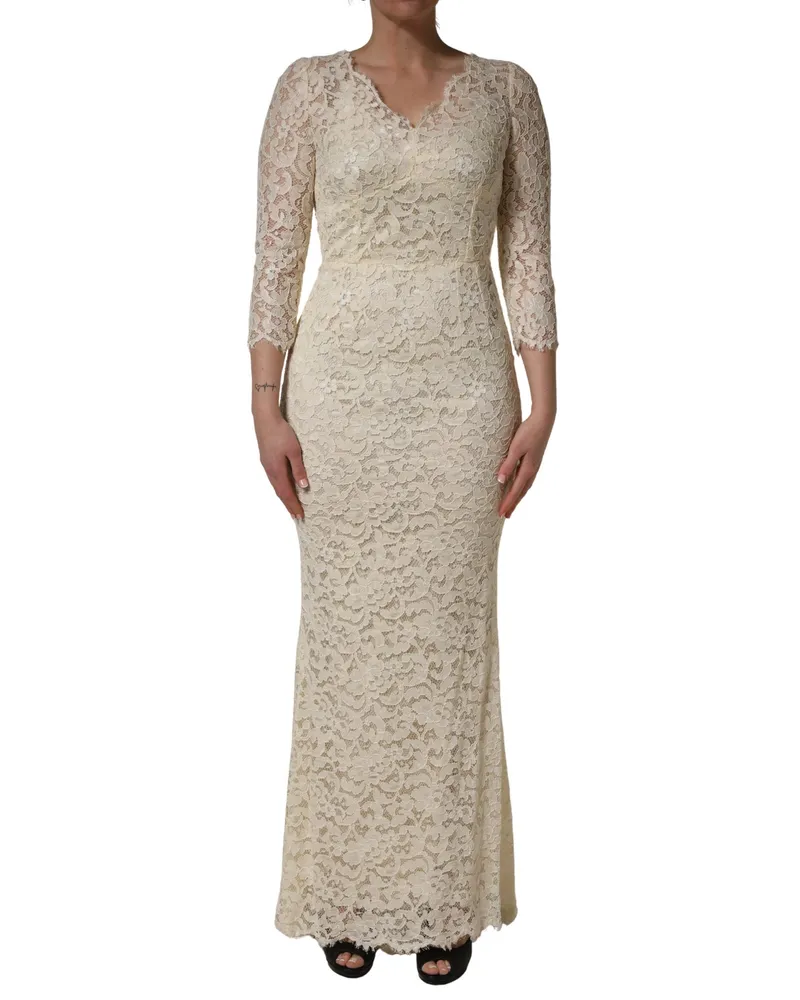 Dolce & Gabbana Women's Off White Floral Lace Sheath Maxi Dress Cotton Nylon White