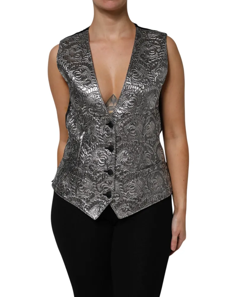 Dolce & Gabbana Women Silver Floral Jacquard Sleeveless Vest Top Silver