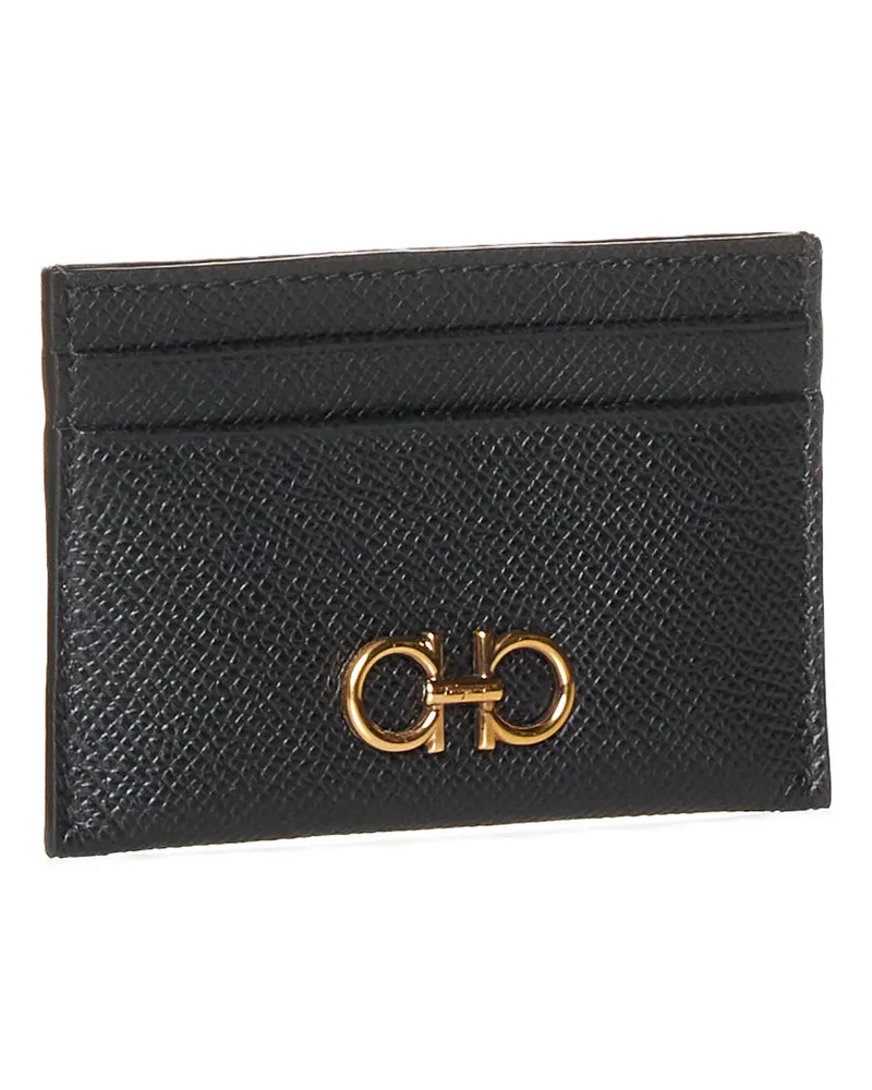 Ferragamo Women's Card Holder Gancini Textured Leather Black Calf Wallets & Purses Black