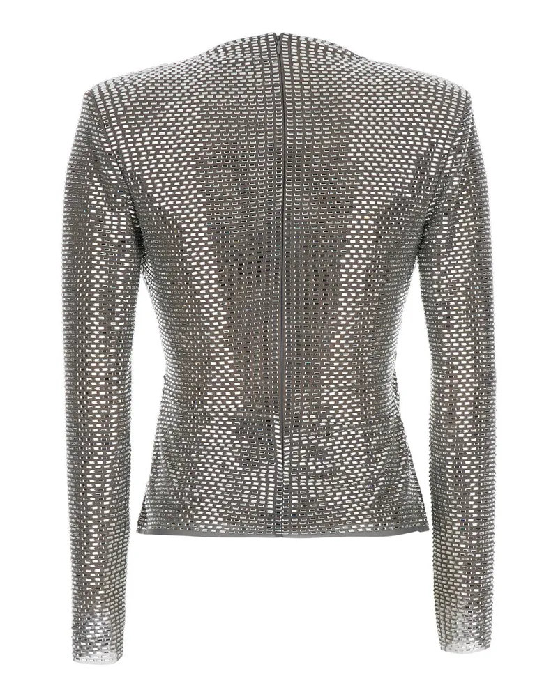 Self-Portrait Rhinestone-Embellished Mesh Blouse — Gray Gray
