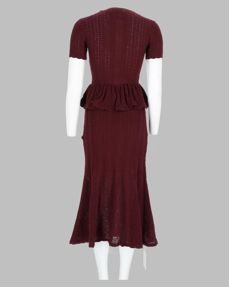 Self-Portrait Peplum Openwork Knit Dress — Bordeaux Bordeaux