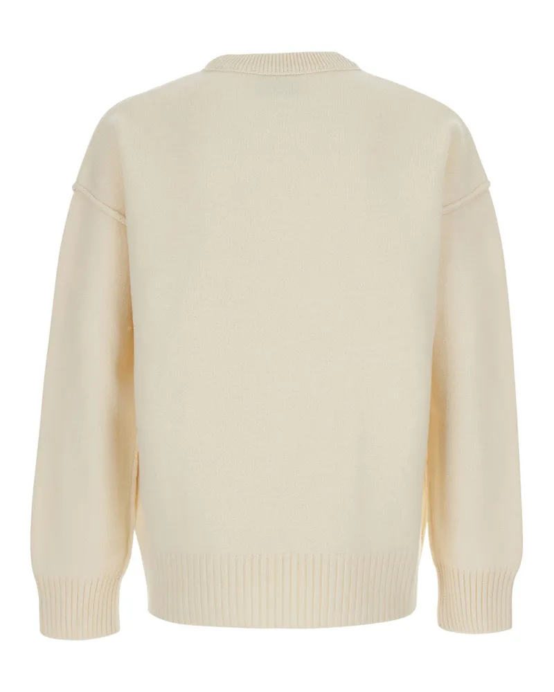 AMI Paris Men's Crewneck Sweater Ami De Coeur White Cotton Tops Top Beige