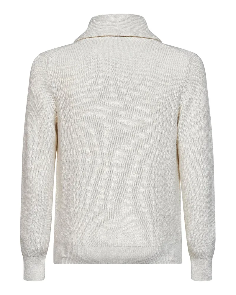 Brunello Cucinelli Men's Cardigan Shawl Collar English Rib Knit Ivory Cotton Cardigans Sweater Ivory