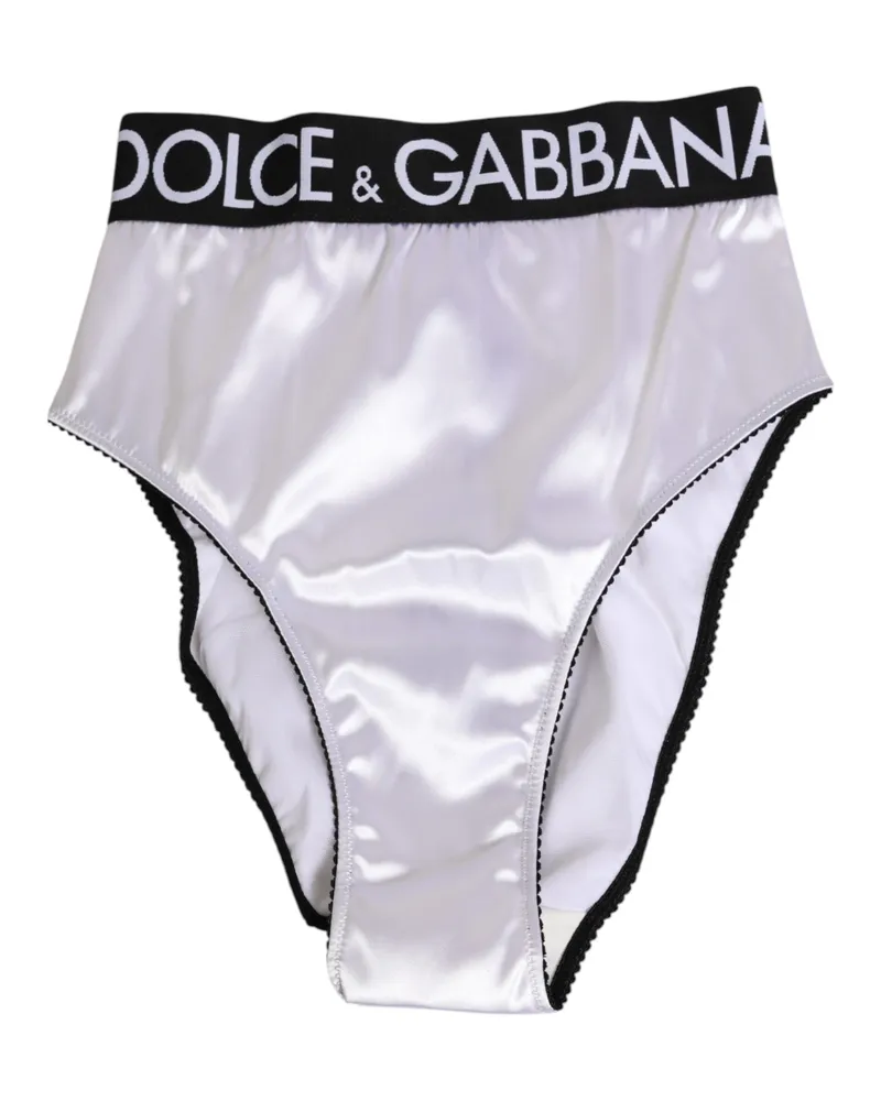 Dolce & Gabbana White Satin High-Waist Black Logo Women Underwear Acetate Clothing White