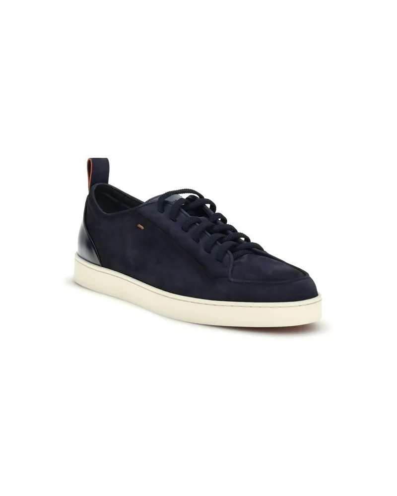 Santoni Men's Blue Calf Leather Bos Taurus Low Top Sneakers Blue