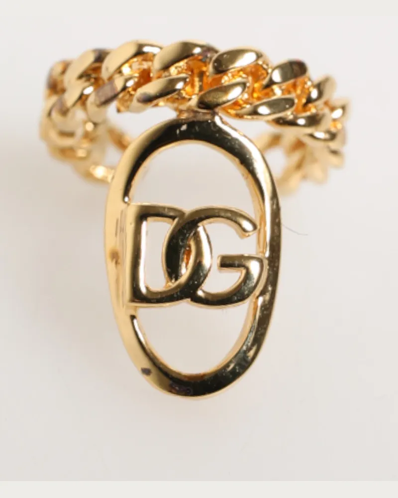 Dolce & Gabbana Men's Gold Tone Brass Oval Dg Logo Chain Adjustable Ring Gold