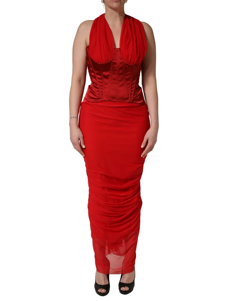 Dolce & Gabbana Women's Red Halter Corset Sleeveless Sheath Dress Nylon Acetate Elastane Red