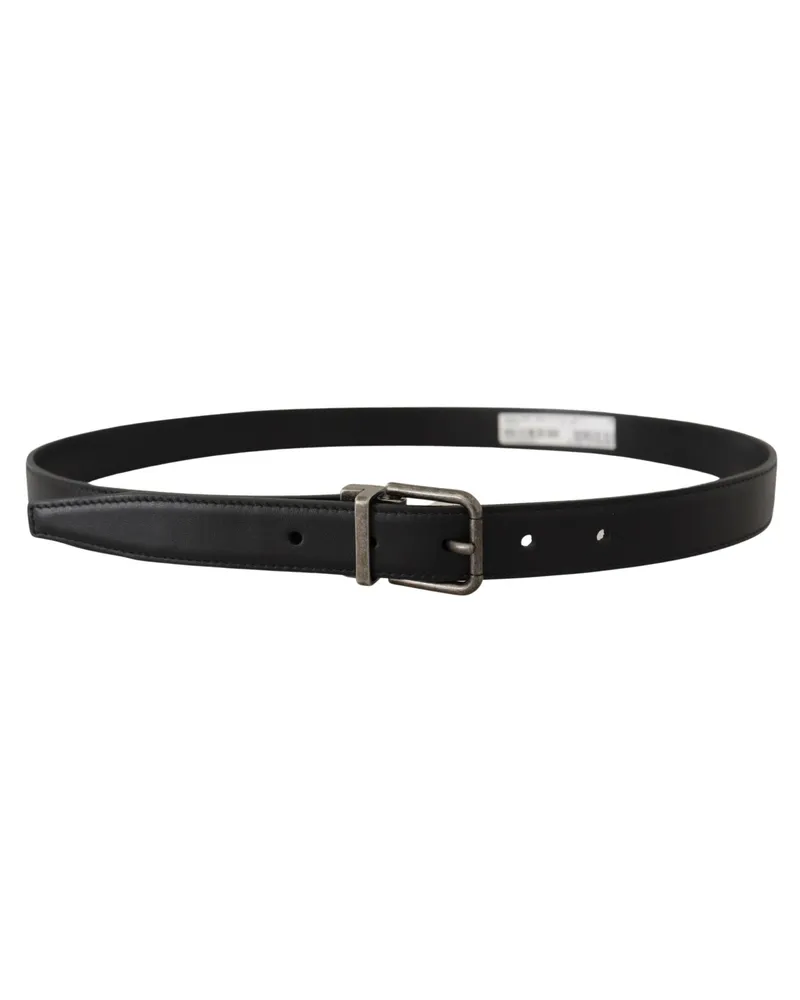 Dolce & Gabbana Men's Black Plain Leather Vintage Logo Metal Buckle Belt Black
