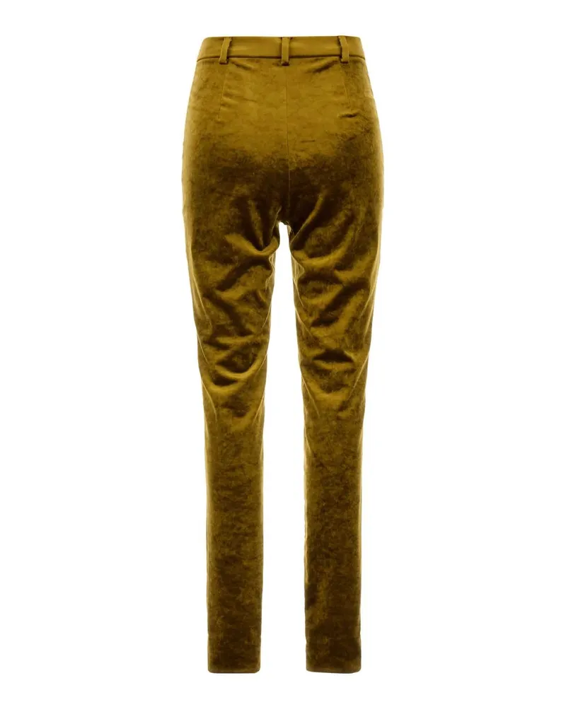 Gucci Women's Olive Green Chenille Skinny Pant Caramelsuede Viscose Mix Pantaloni Trousers Gold
