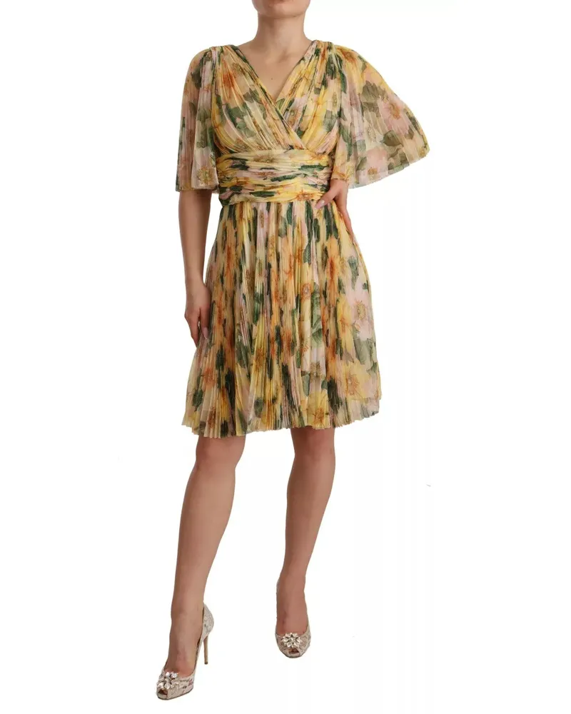 Dolce & Gabbana Women's Yellow Floral Print Pleated Maxi Dress Yellow