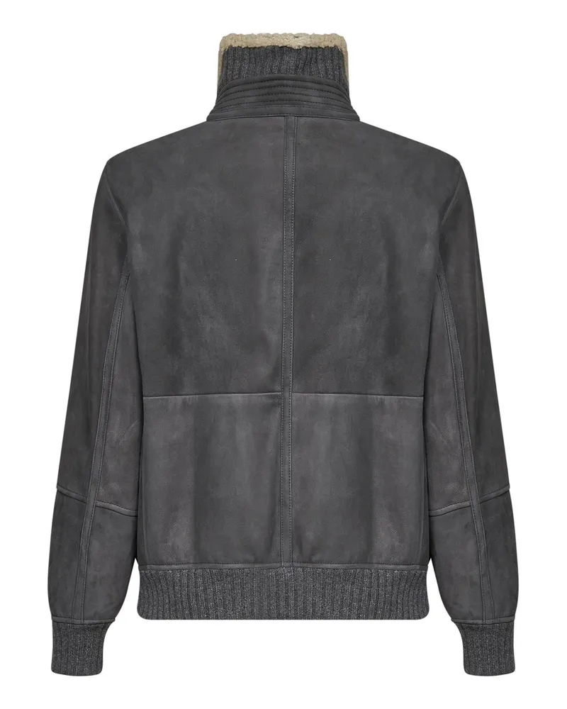 Brunello Cucinelli Men's Sheepskin Bomber Jacket Steel Grey Virgin Wool Gray