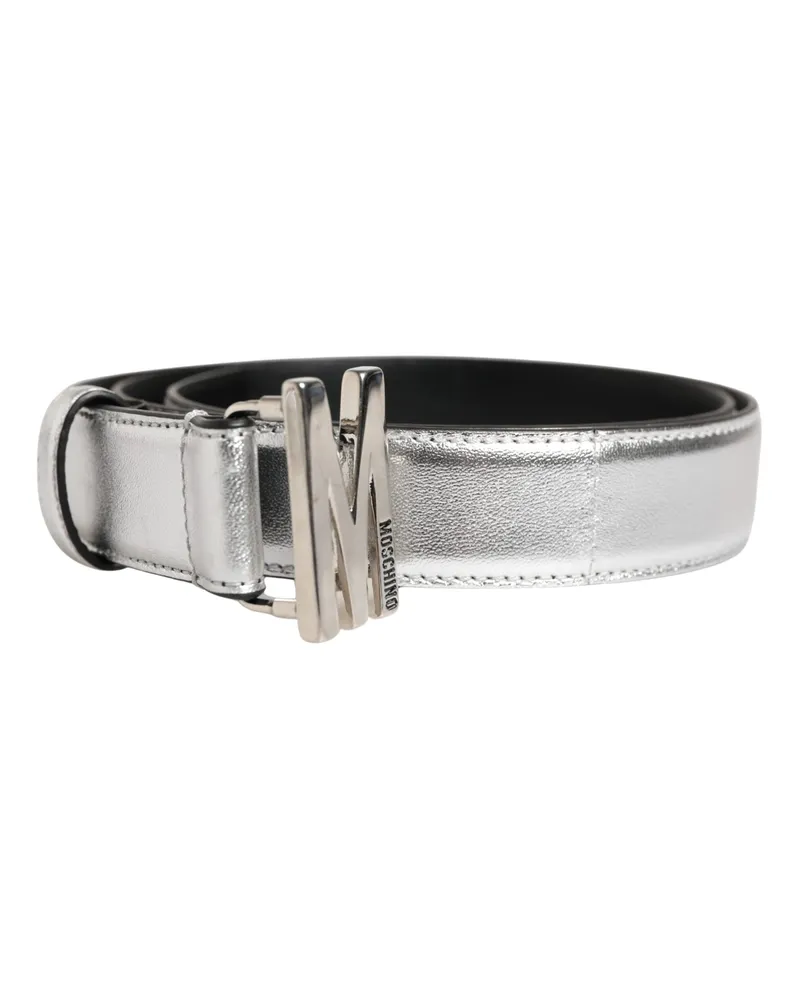 Moschino Women's Silver Leather Logo Metal Buckle Waist Belt Genuine Silver