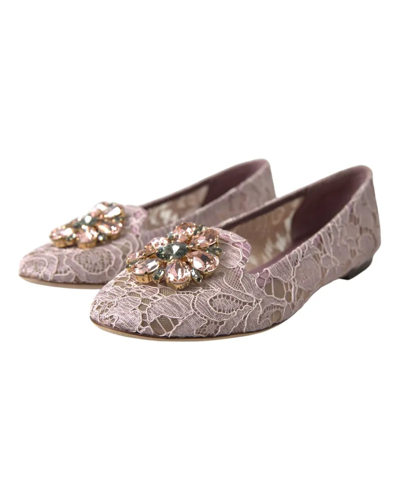 Dolce & Gabbana Women's Pink Lace Crystal Ballet Flats Loafers Shoes Viscose Cotton Nylon Pink