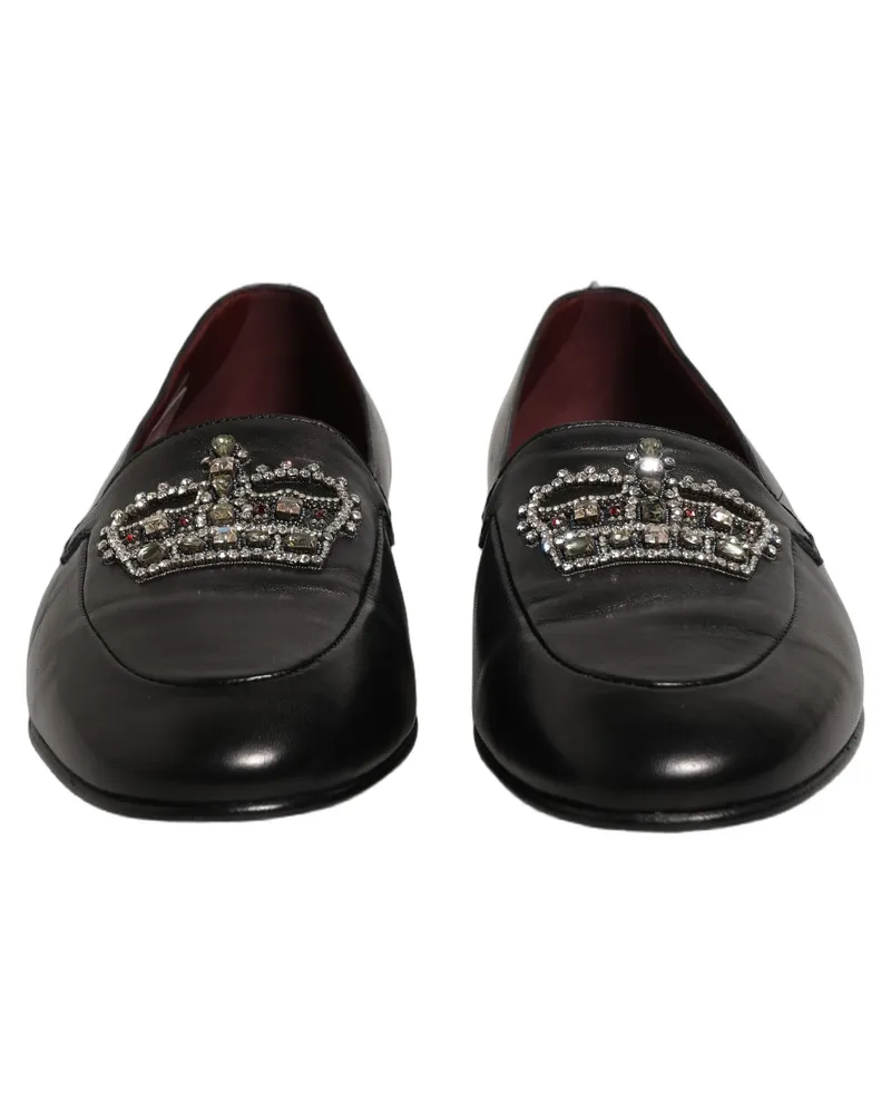 Dolce & Gabbana Men's Black Leather Crown Embellished Loafers Shoes Black