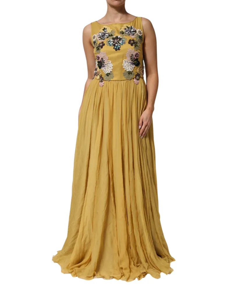Dolce & Gabbana Women's Yellow Silk Floral Embroidered Maxi Dress (chiffon Yellow