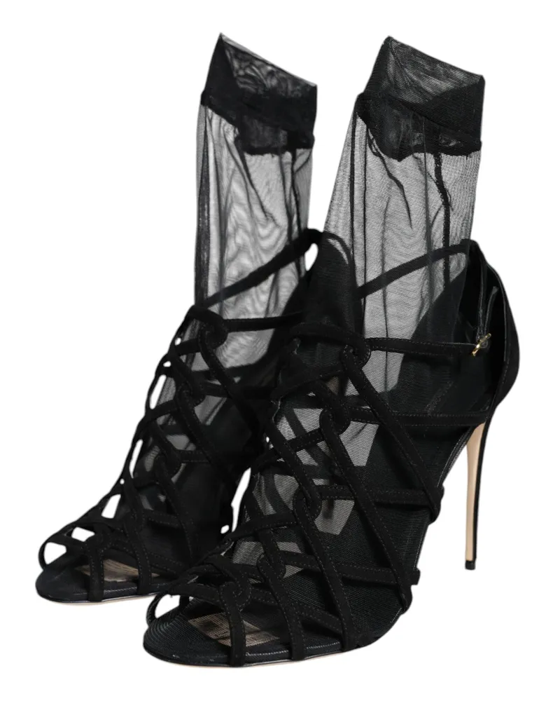 Dolce & Gabbana Women's Black Tulle Stretch Heels Sandals Shoes Leather Black
