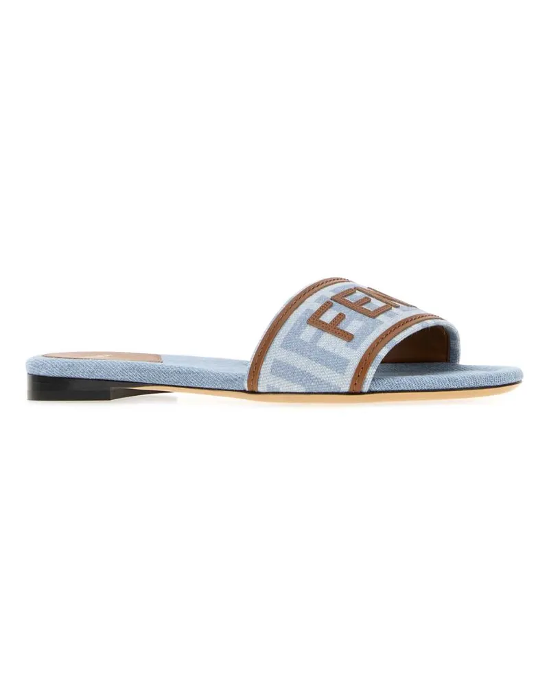 Fendi Women's Printed Denim  Sunshine Slippers Cielo+sellier Flat Shoes Blue