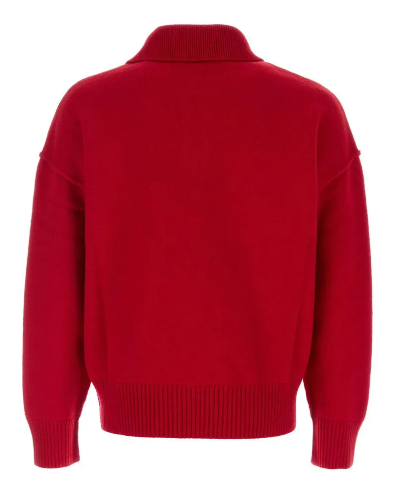 AMI Paris Heart-Embroidered Virgin Wool Polo Shirt — Red Red