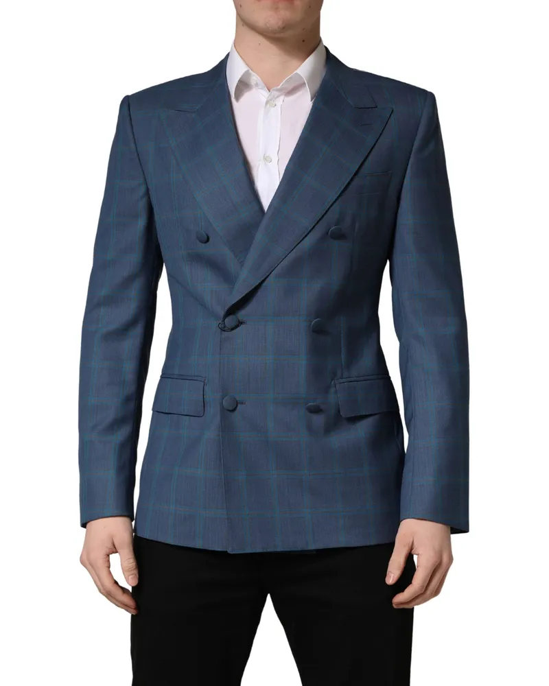 Dolce & Gabbana Blue Checked Double Breasted Men Suit Jacket Virgin Wool Blue