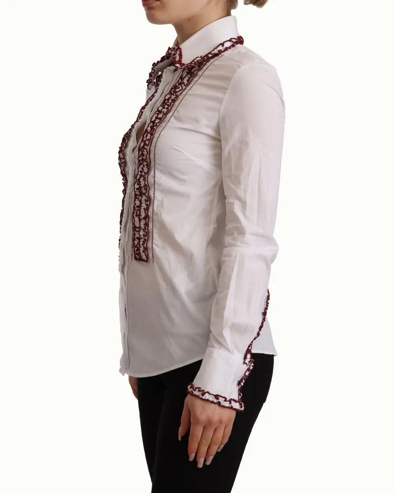 Dolce & Gabbana Women's White Cotton Lace Long Sleeves Ruffle Collar Top Shirt Elastane White