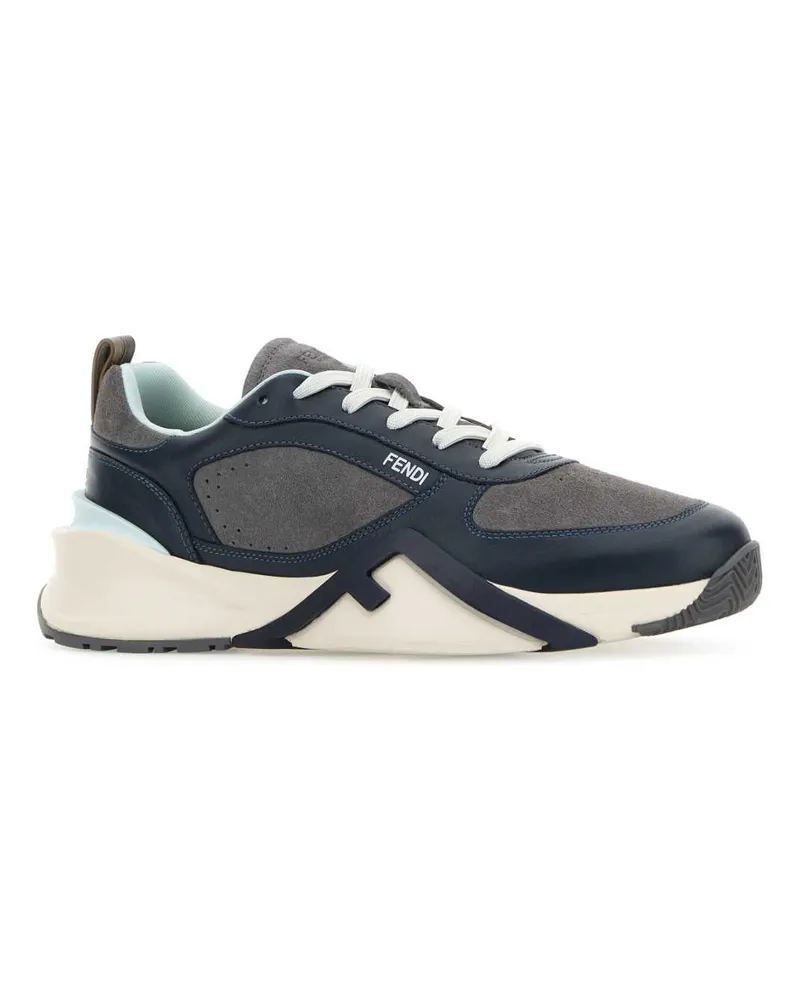 Fendi Men's Two-Tone Leather And Suede  Flow Sneakers Blue Navy