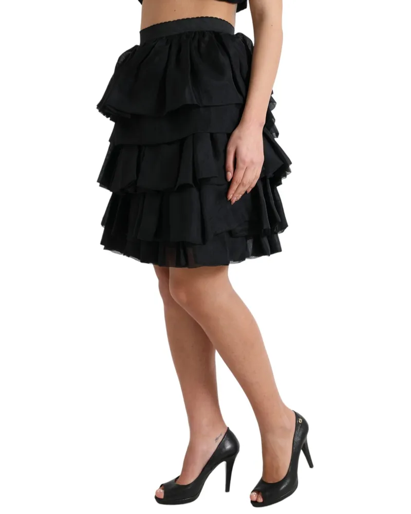 Dolce & Gabbana Women Black Tiered Aline High Waist Silk Mini Skirt Black