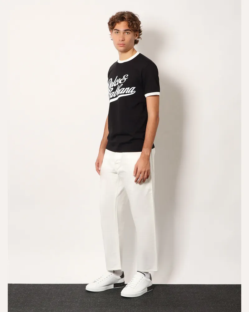 Dolce & Gabbana Men's Cotton T-Shirt With Flocked Logo Print Black T-Shirts And Polos Black