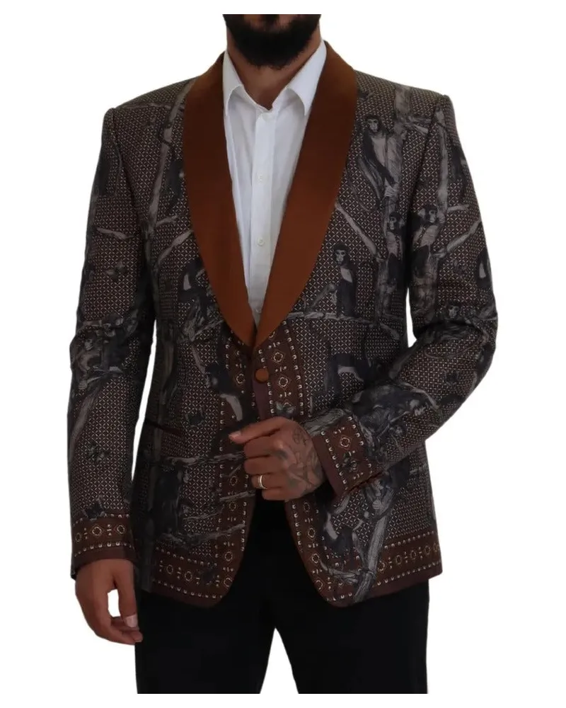 Dolce & Gabbana Men Bronze Monkey Print Silk Slim Jacket Blazer Clothing Bronze