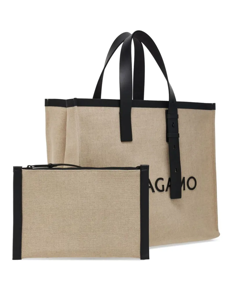 Ferragamo Logo-Embossed Canvas Tote Bag — Beige Beige
