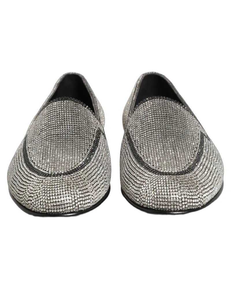 Dolce & Gabbana Silver Crystal Embellished Men Loafers Shoes Leather Silver