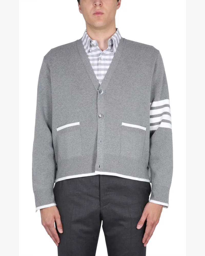 Thom Browne Bar Stripe Cotton Cardigan — Gray Gray