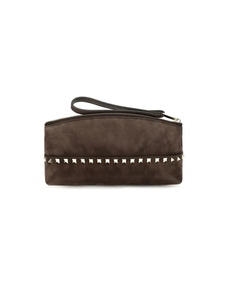 Valentino Garavani Pyramid Stud Suede Clutch — Brown Brown