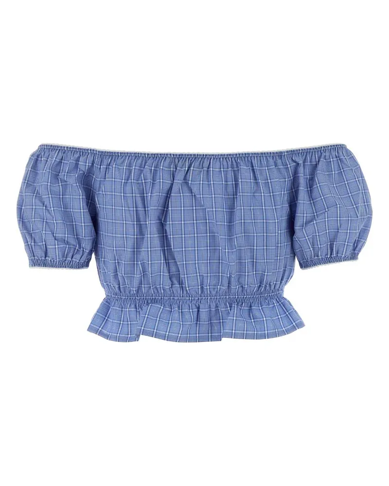 Miu Miu Embroidered Poplin Off-Shoulder Blouse — Blue Blue