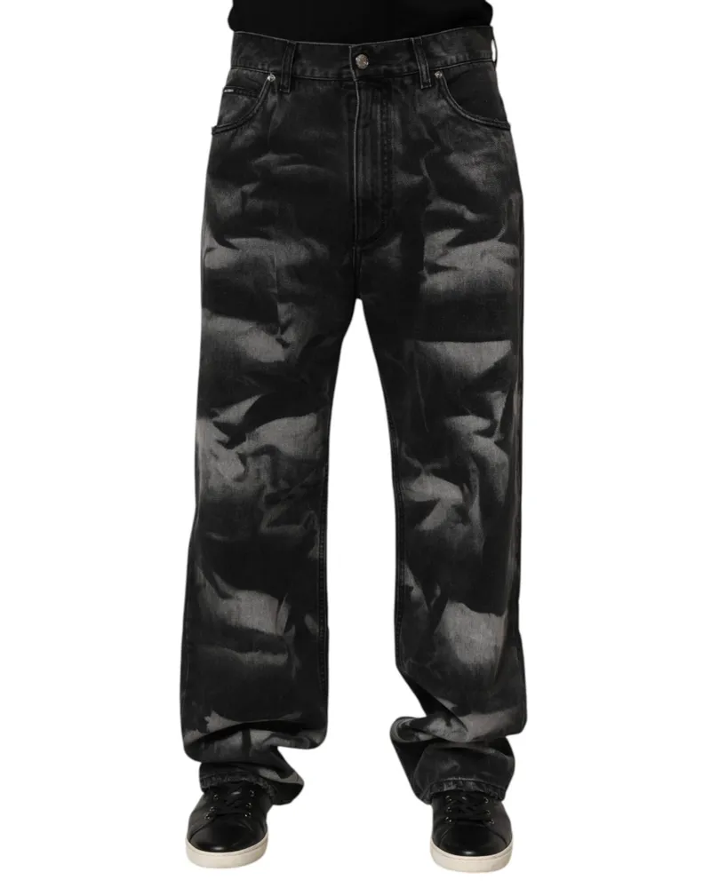 Dolce & Gabbana Black Marbled Effect Straight Men Denim Jeans Cotton Trousers Black