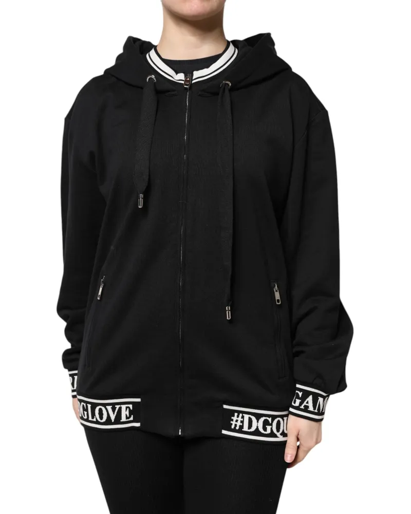 Dolce & Gabbana Women Black Cotton Hooded Full Zip Sweatshirt Sweater Clothing Black