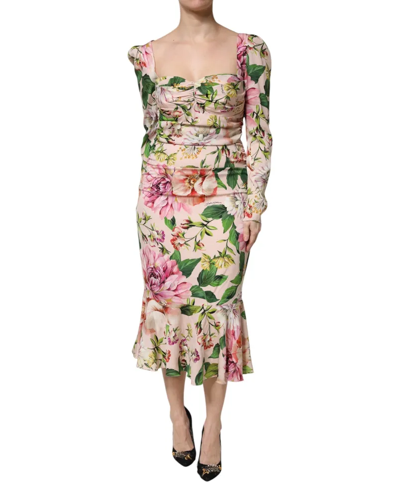 Dolce & Gabbana Women's Pink Floral Silk Fit And Flared Midi Dress Elastane Pink