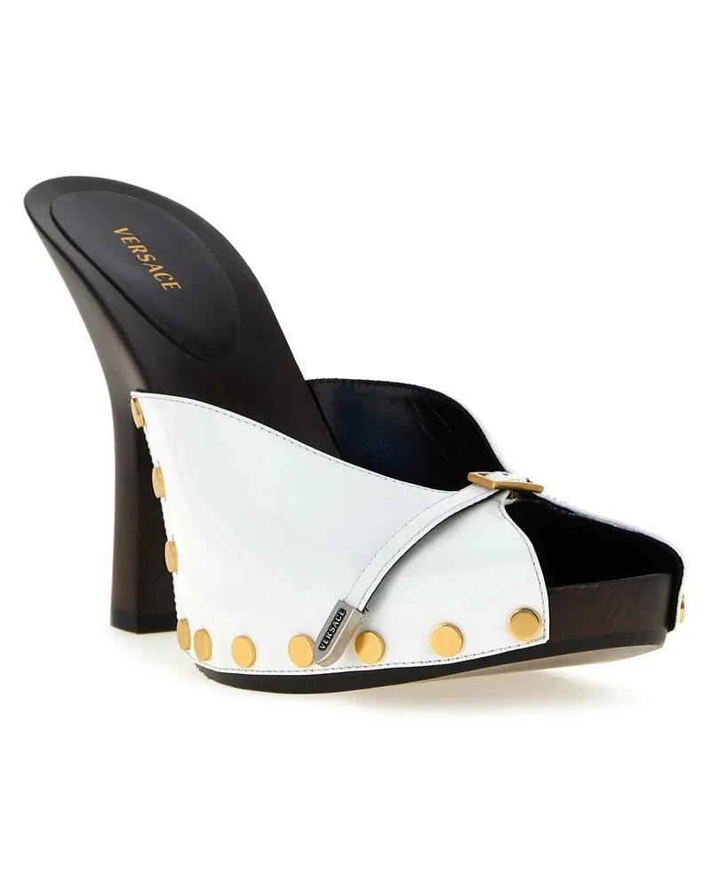 Versace Women's Sassi Clog Mule White Calfskin Leather Rubber Heels White