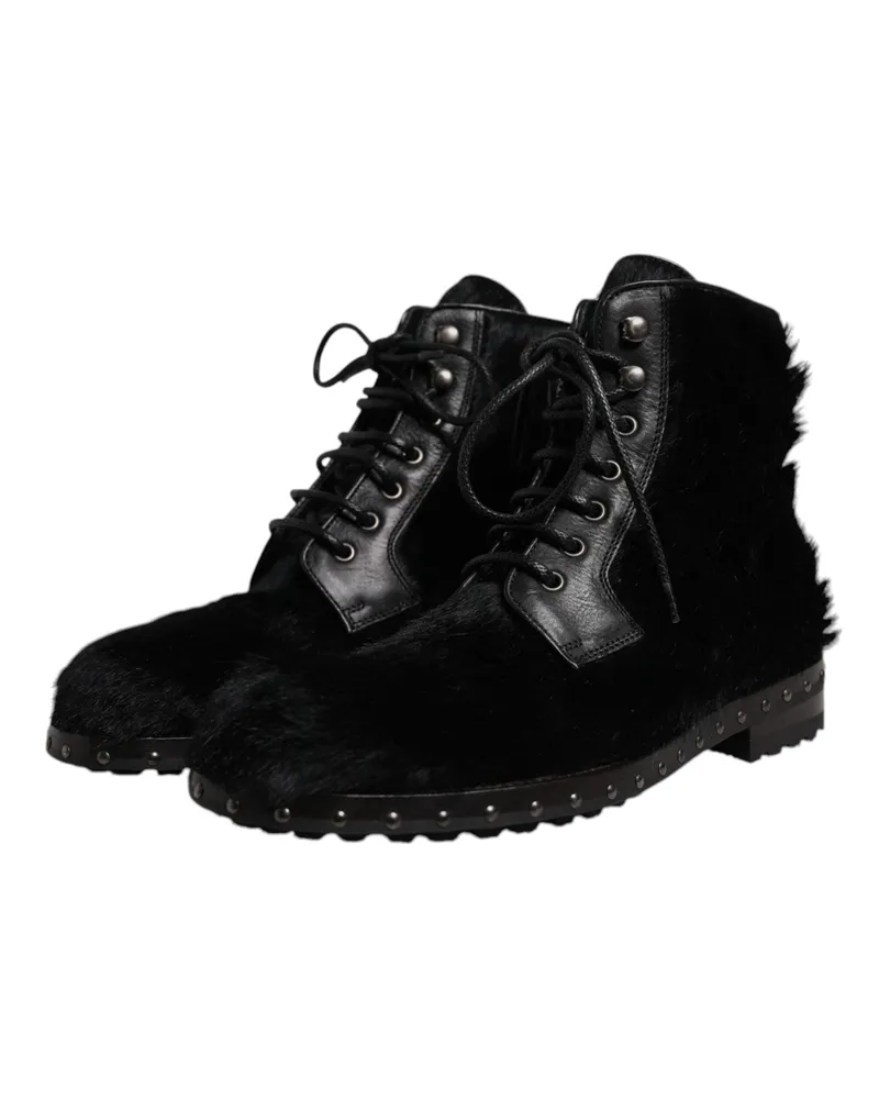 Dolce & Gabbana Men's Black Pony Style Leather Mid Calf Boots Shoes Black