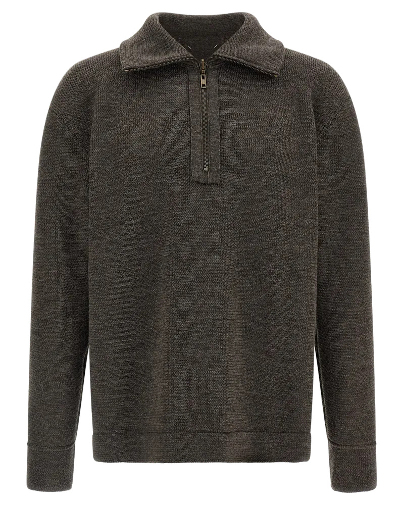 Maison Margiela Quarter-Zip Wool with Contrast Ribbon Sweater — Gray Gray