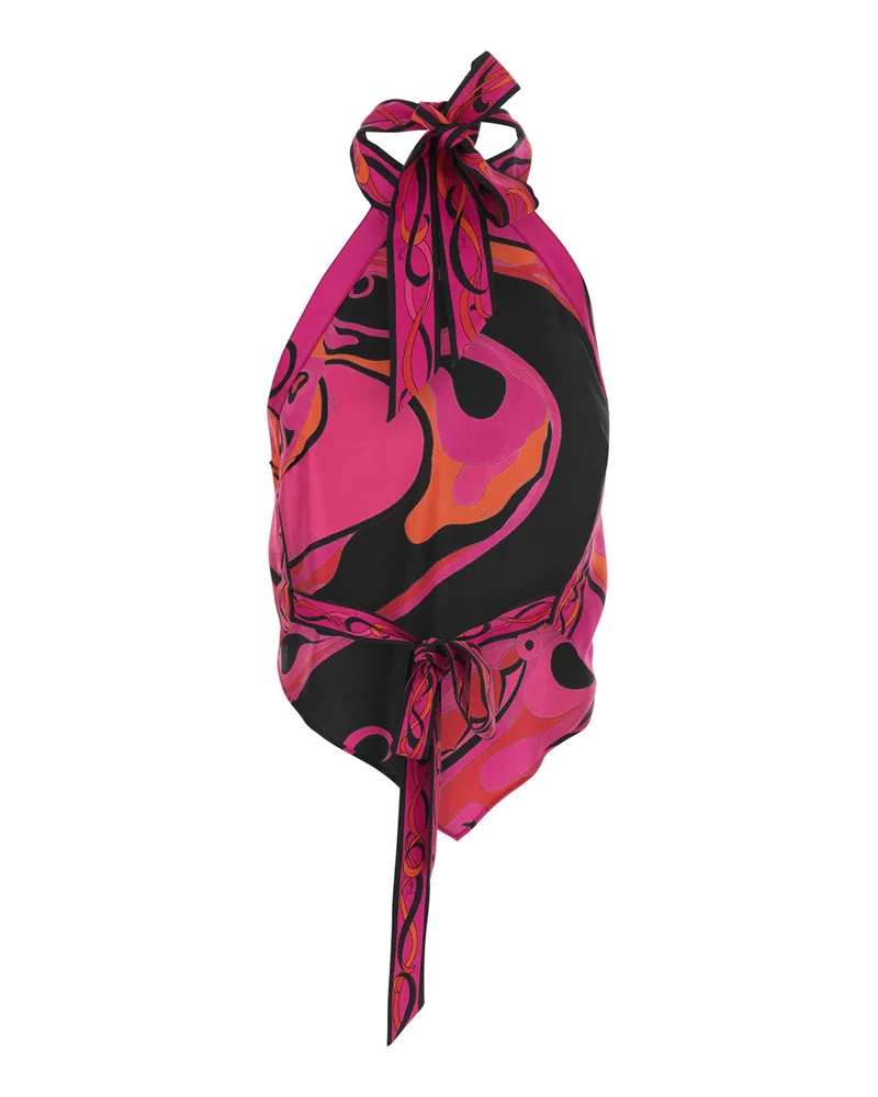 Emilio Pucci Women Silk Halterneck Top With Orchidea Print Fuchsia Tops Pink
