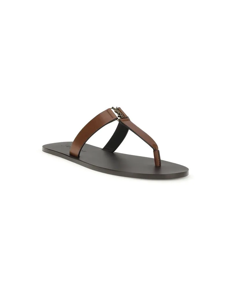 Saint Laurent Women's Brown Calf Leather Bos Taurus Flip-Flop Sandals Brown