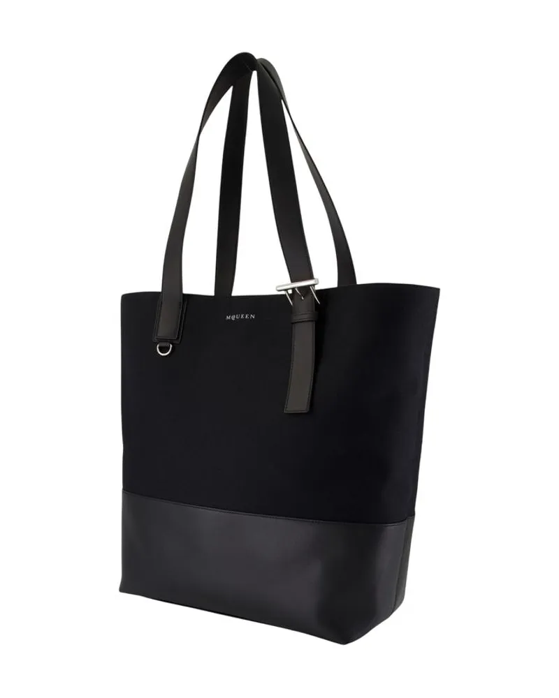 Alexander McQueen Men's T Bar Shopper Bag -  Canvas Black Totes-Shopping-Bags Black