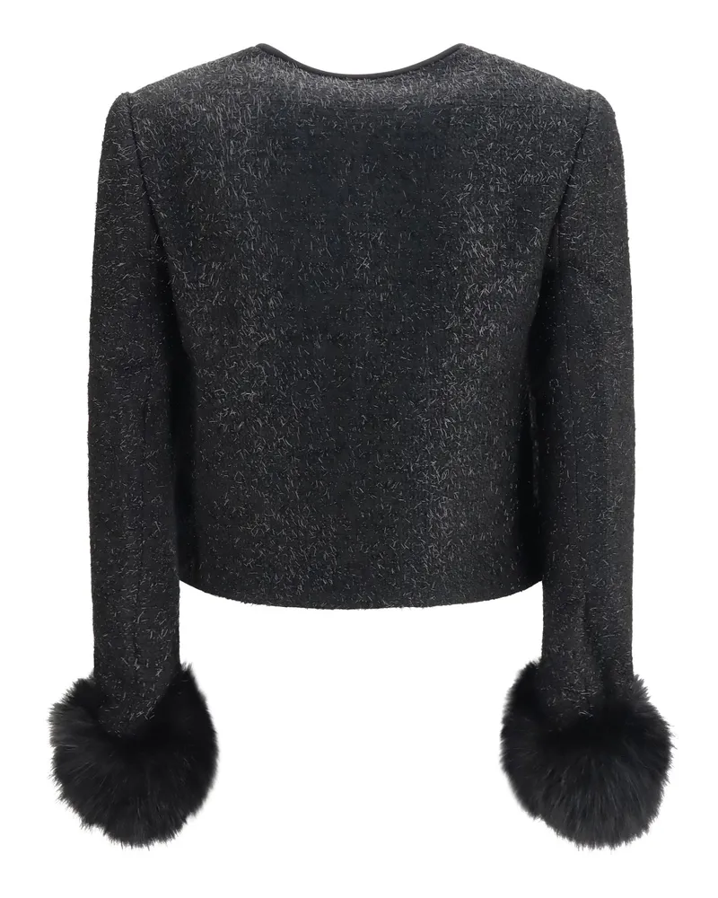 Self-Portrait Women's Jacket Metallic Bouclé With Faux Fur Cuffs Black Polyester Black