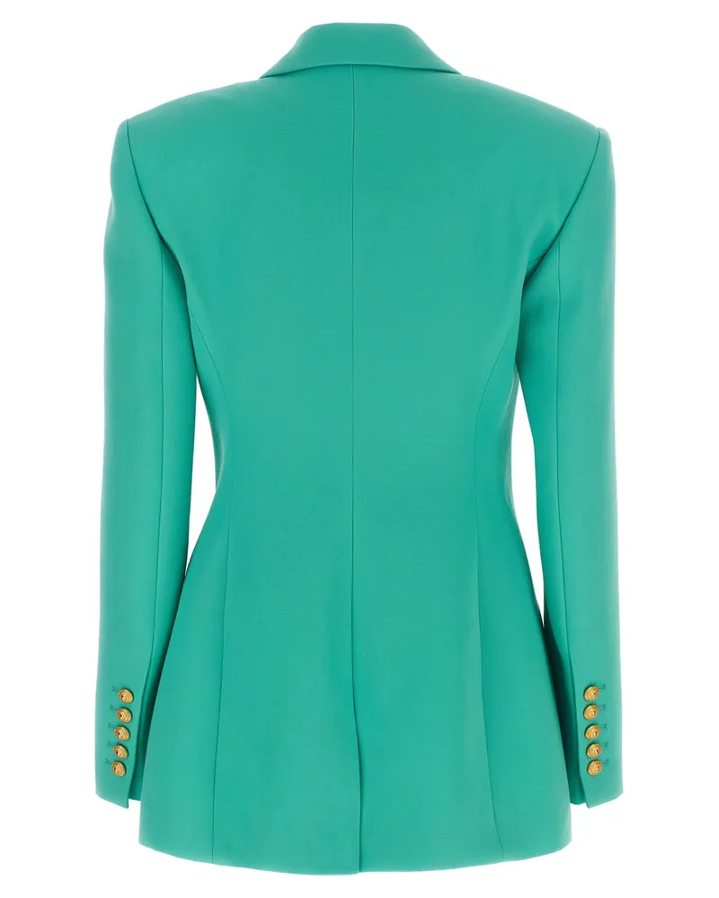 Balmain Logo-Button Double-Breasted Wool Blazer — turquoise Turquoise