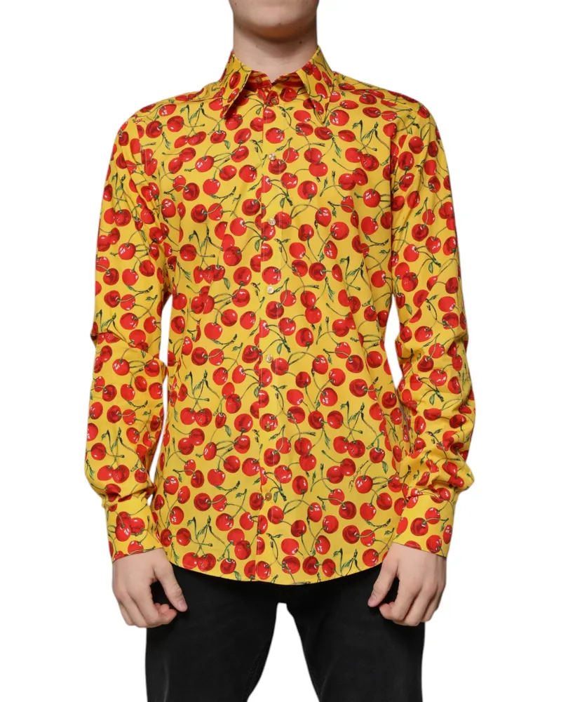 Dolce & Gabbana Men's Yellow Cherry Cotton Martini Dress Shirt Yellow