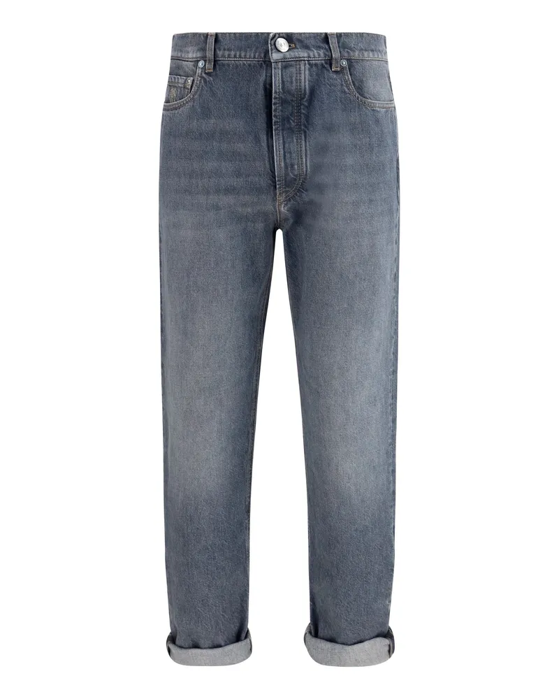 Brunello Cucinelli Men's Jeans Straight-Leg Turn-Up Medium Grey Cotton Gray