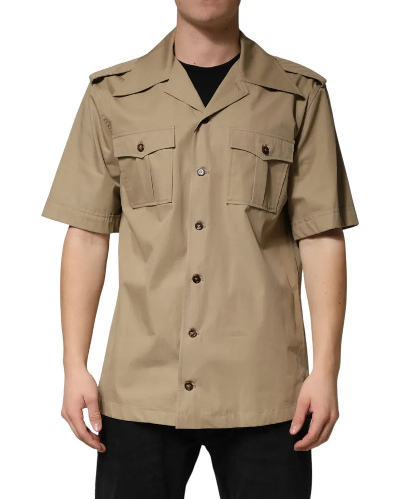 Dolce & Gabbana Brown Pin Up Short Sleeves Men Casual Shirt Cotton Brown