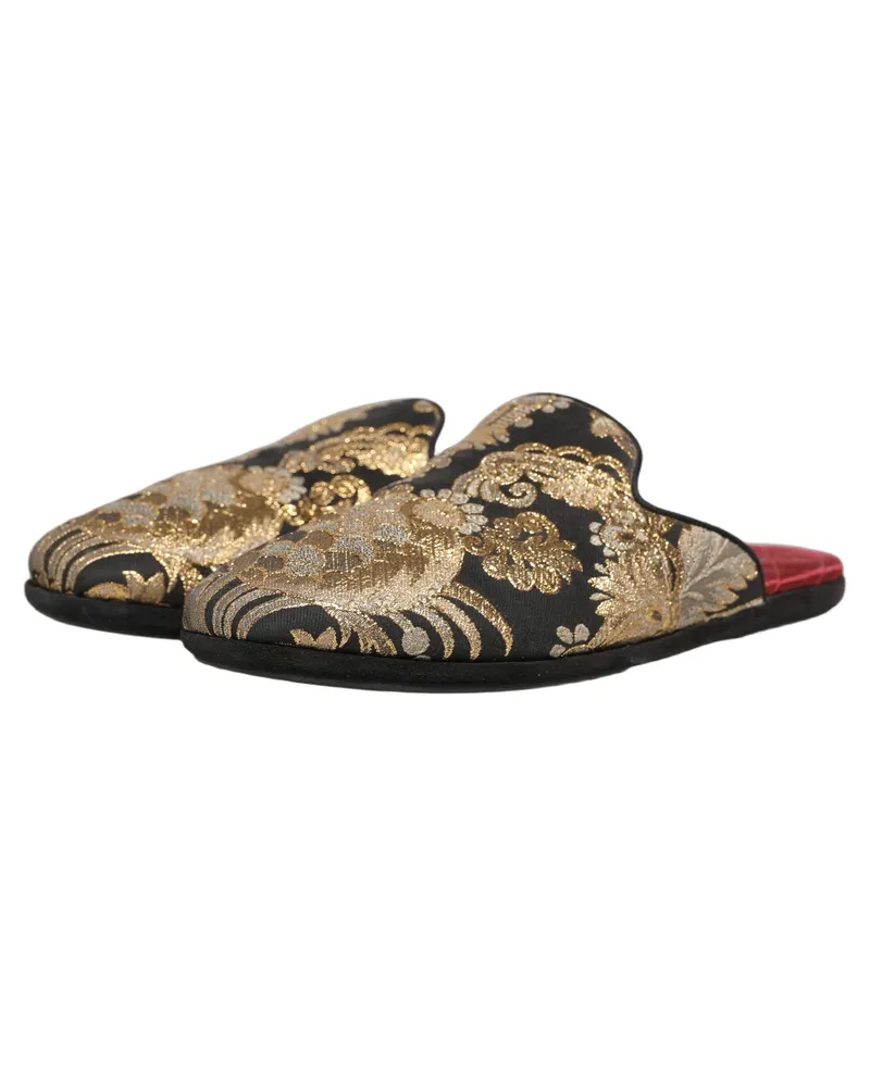Dolce & Gabbana Black Floral Jacquard Flats Sandals Men Shoes Beige Faux Fur Black