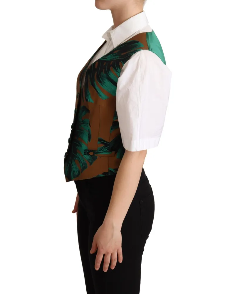 Dolce & Gabbana Women's Green Jacquard Leaf Gold Waistcoat Vest Polyester Silk Elastane Clothing Brown