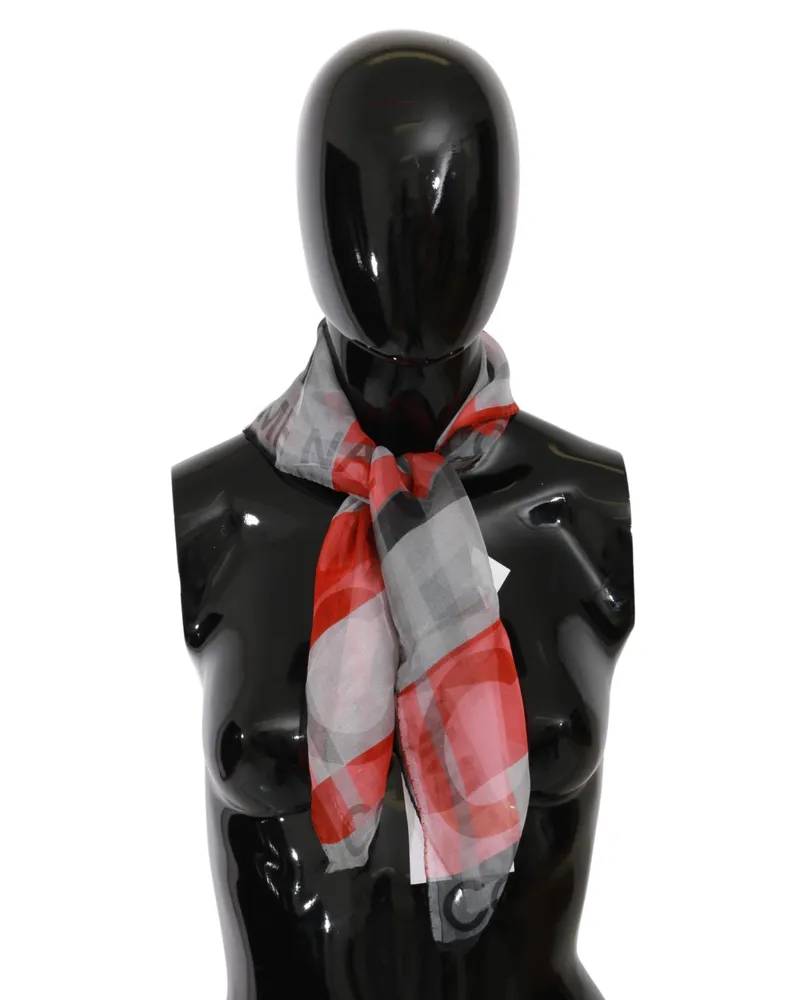 CoSTUME NATIONAL Unisex Gray Red Silk Branded Scarf Red